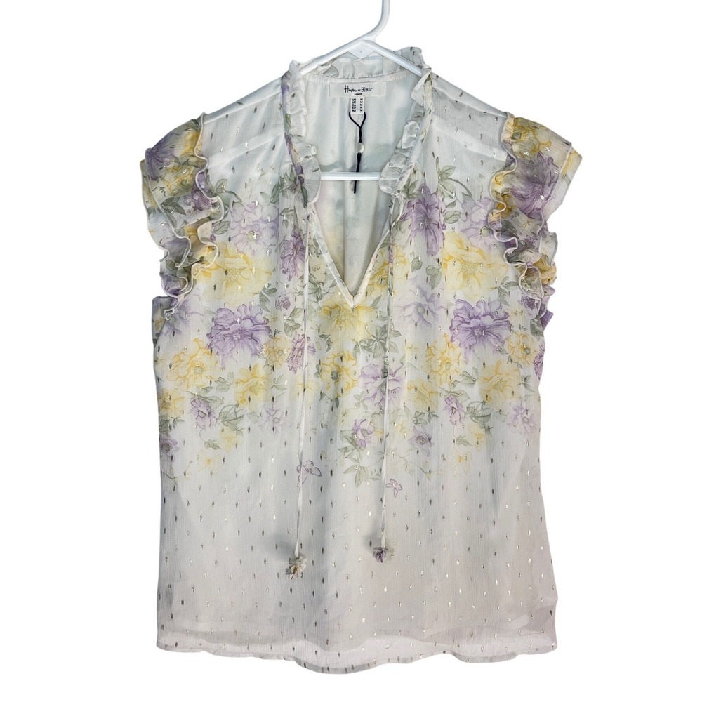 Haver + Blair London Floral Ruffle Tie Neck Blouse White Purple Yellow Medium